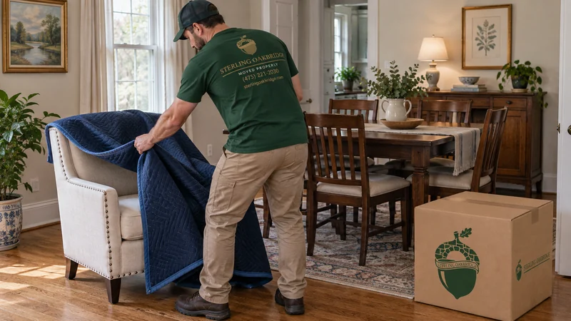 A mover removing a furniture blanket in a prepared receiving room A mover removing a furniture blanket in a prepared receiving room