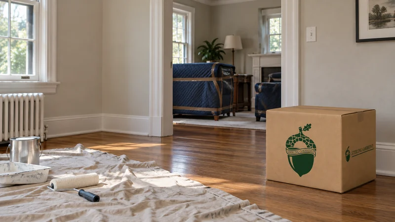 A cleared living room with furniture temporarily staged in an adjoining room A cleared living room with furniture temporarily staged in an adjoining room
