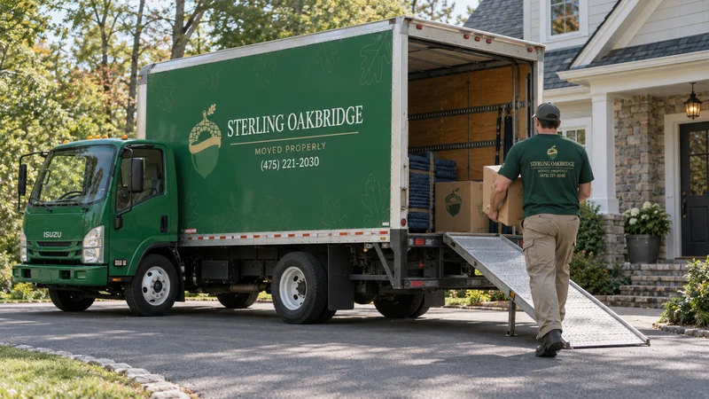 A branded moving truck at a representative home during an outward furniture move A branded moving truck at a representative home during an outward furniture move
