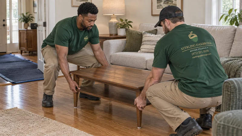 Movers placing a coffee table after the receiving floor is ready Movers placing a coffee table after the receiving floor is ready