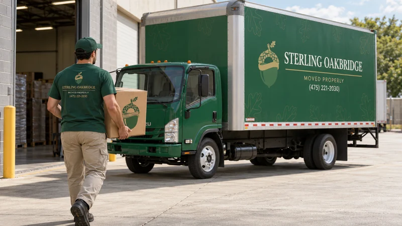 A mover carrying a carton to a stationary truck at a warehouse yard A mover carrying a carton to a stationary truck at a warehouse yard