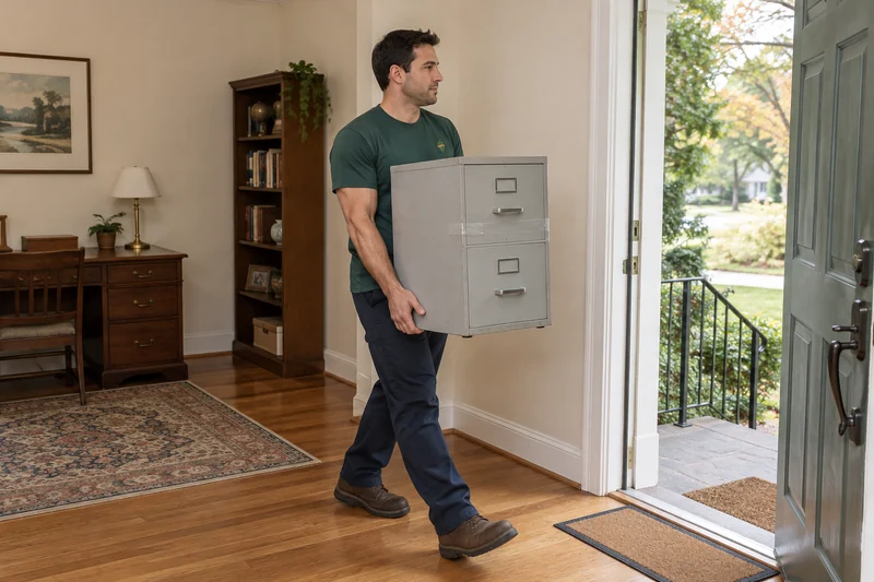 An adult company mover carrying an empty old metal file cabinet toward a private Princeton exit An adult company mover carrying an empty old metal file cabinet toward a private Princeton exit