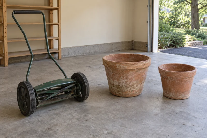An old manual reel mower and two empty planters reviewed in a private Princeton garage before an interstate move An old manual reel mower and two empty planters reviewed in a private Princeton garage before an interstate move