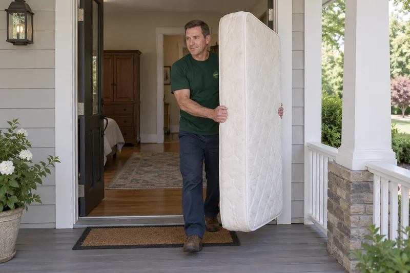 An adult company mover carrying an old twin mattress out of an illustrative Ringoes home An adult company mover carrying an old twin mattress out of an illustrative Ringoes home