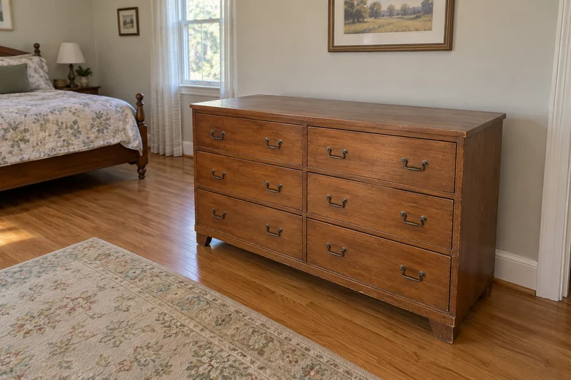 A worn six-drawer dresser reviewed before an illustrative local downsizing move in Ringoes A worn six-drawer dresser reviewed before an illustrative local downsizing move in Ringoes