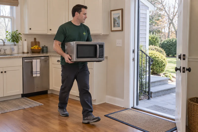 A company mover carrying an old unplugged microwave toward a private Rumson exit A company mover carrying an old unplugged microwave toward a private Rumson exit