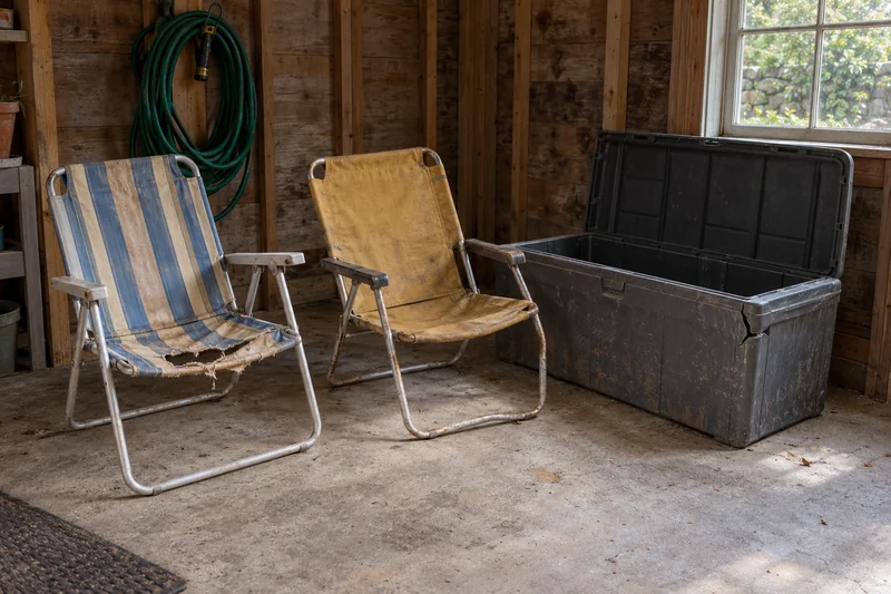 Worn folding beach chairs and a cracked outdoor storage trunk reviewed before a Rumson long-distance move Worn folding beach chairs and a cracked outdoor storage trunk reviewed before a Rumson long-distance move
