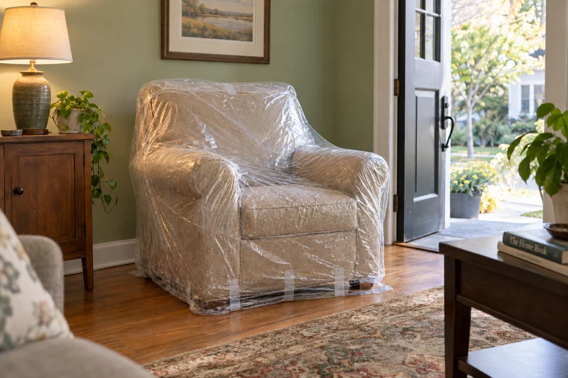 Used armchair enclosed in clear plastic with taped lower closure A used upholstered armchair enclosed in clear plastic inside a home beside a broad exit