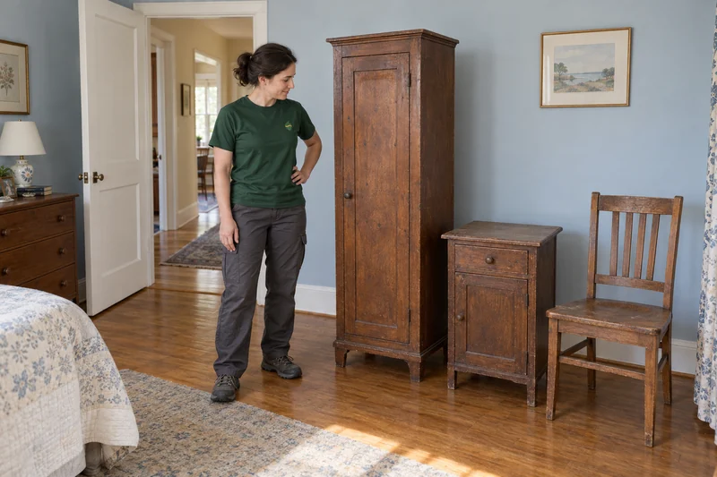 Linen cupboard, bedside cabinet and plain wood chair reviewed before downsizing A linen cupboard, bedside cabinet and plain wooden chair reviewed before a smaller local home