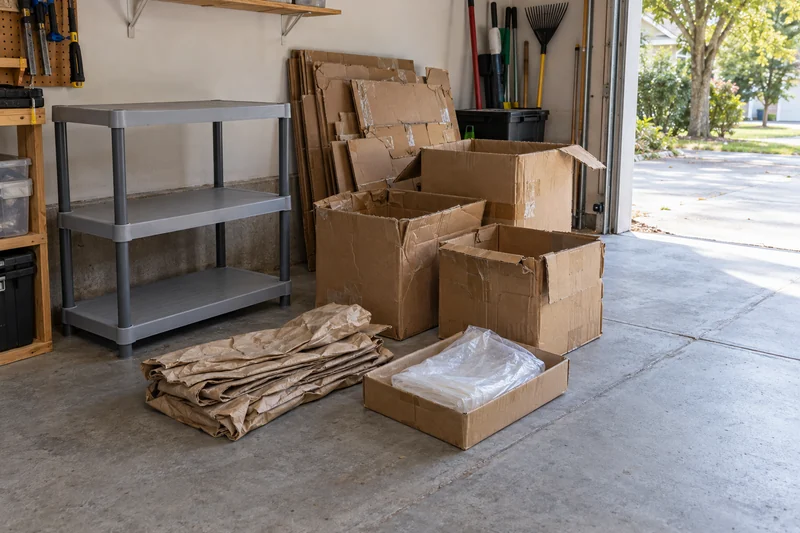 Unused plastic shelf with used cartons and separate paper and protective film An unused plastic shelf with used cardboard cartons and separate paper and film protection in a garage
