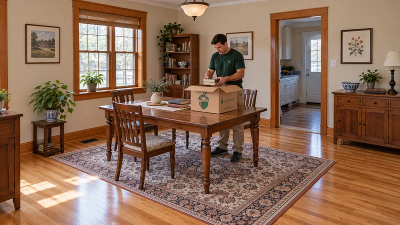 Retained books prepared for their next destination A mover places a small group of retained books into a low book carton on a protected dining table