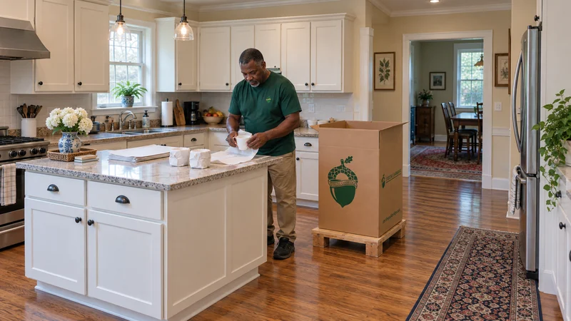 Kitchen ceramics individually protected A mover wraps a ceramic cup over a padded kitchen counter beside a tall china carton