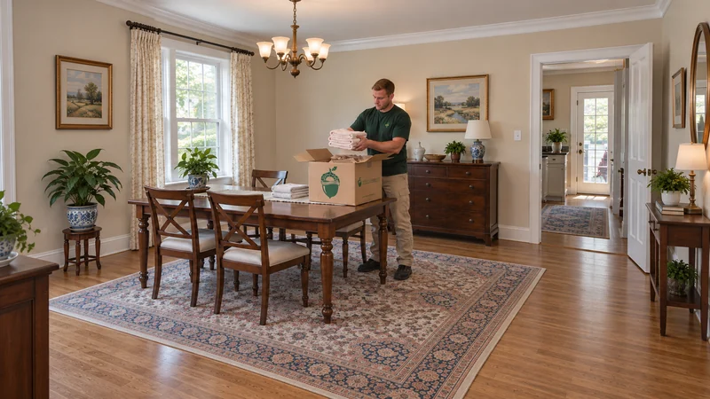 Linen opened onto a useful flat surface A mover lifts folded linen from a medium carton onto a designated flat table in a receiving room