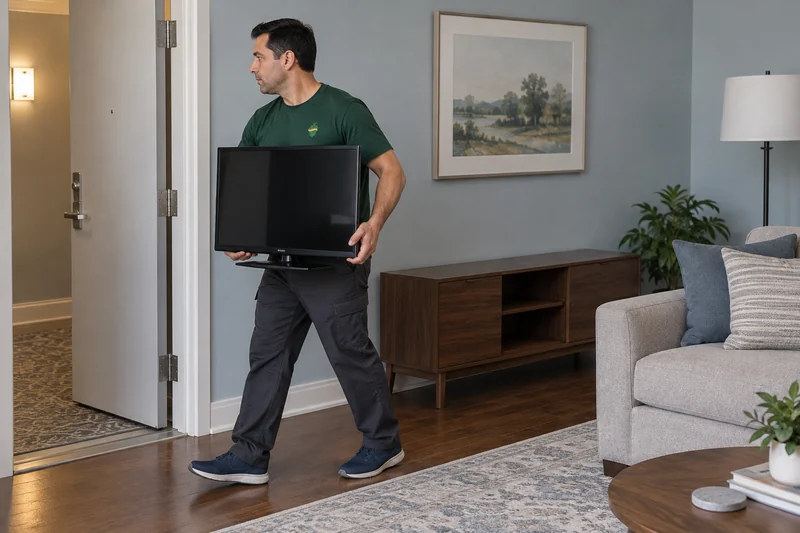An adult company mover carrying a small old television toward a private Scarsdale exit An adult company mover carrying a small old television toward a private Scarsdale exit