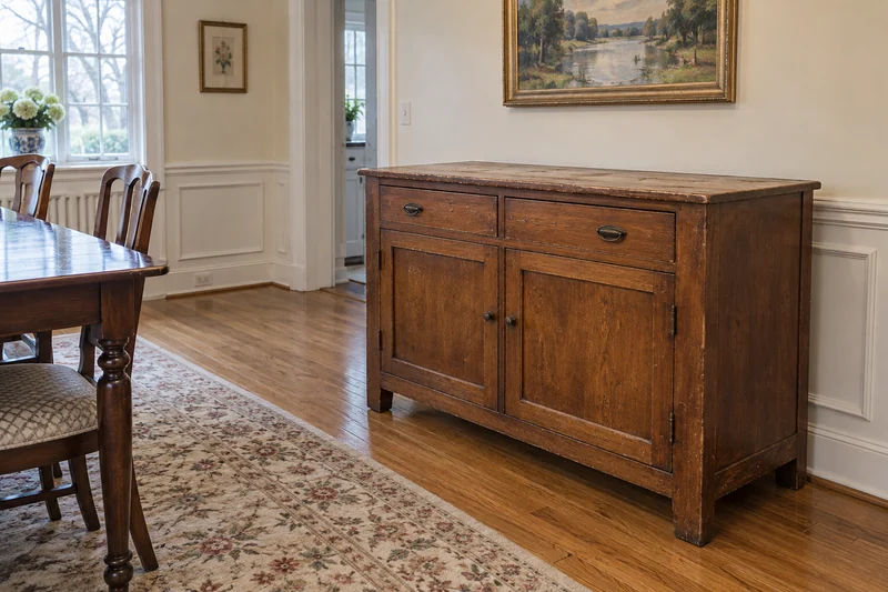 An empty worn sideboard reviewed before a local Scarsdale downsizing move An empty worn sideboard reviewed before a local Scarsdale downsizing move