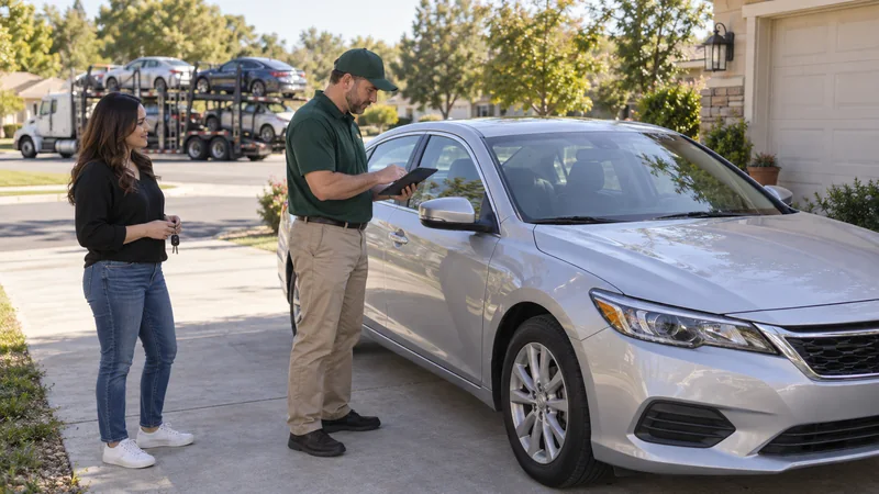 A transport professional records a silver sedan’s condition beside its owner.