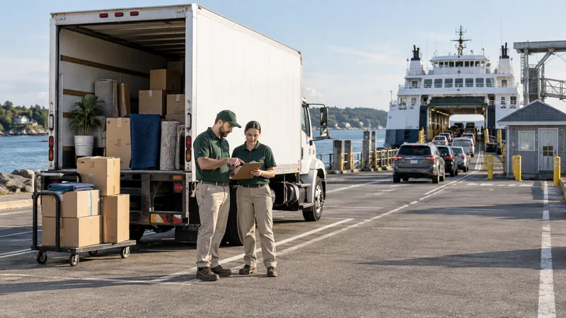 Workers review a household shipment beside a moving truck at a vehicle-ferry terminal.