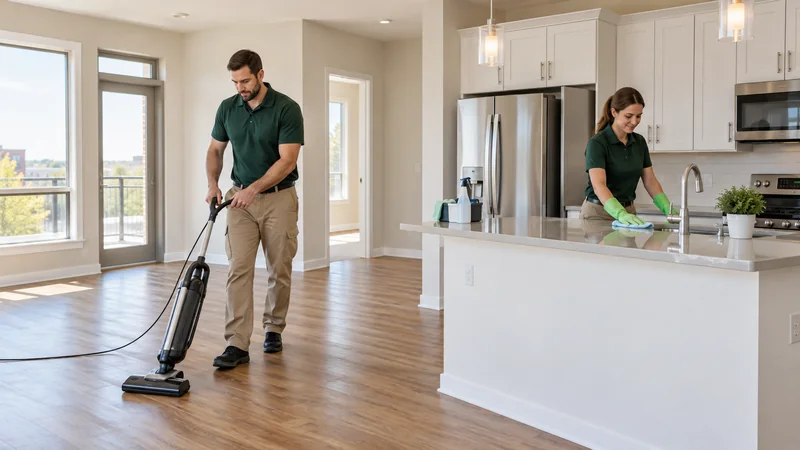 Two workers vacuum a cleared apartment floor and wipe a kitchen counter.