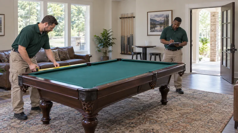 Workers inspect a green-felt pool table and measure its room exit.
