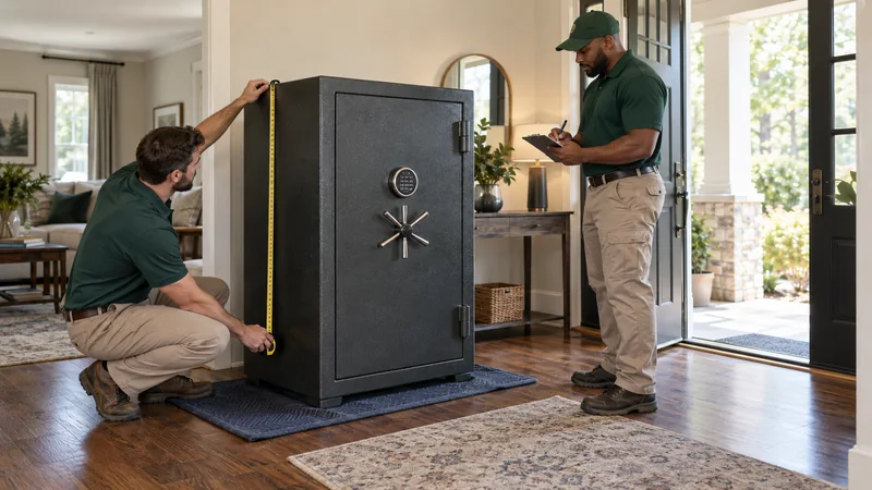Two workers measure a closed steel safe and review the room exit.