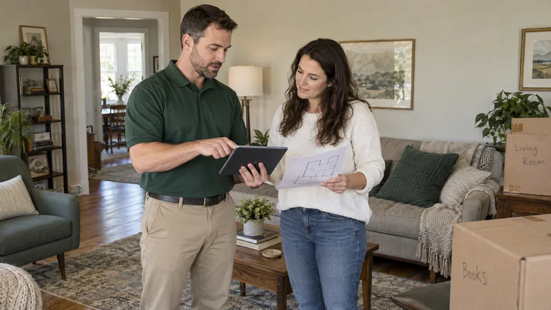 A move-planning coordinator and customer review a tablet inventory and room plan.