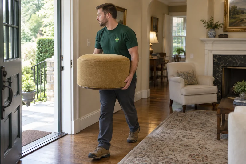 A company mover carrying a worn round ottoman toward a private Short Hills exit A company mover carrying a worn round ottoman toward a private Short Hills exit