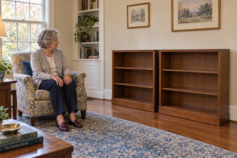 A resident reviewing two surplus empty bookcases before local downsizing in Short Hills A resident reviewing two surplus empty bookcases before local downsizing in Short Hills