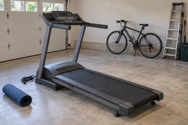 An unplugged older treadmill and rolled exercise mat reviewed before a Short Hills long-distance move An unplugged older treadmill and rolled exercise mat reviewed before a Short Hills long-distance move