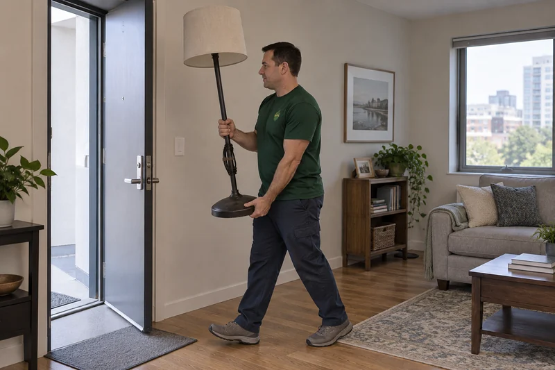 An adult company mover carrying an old unplugged floor lamp toward a private Stamford exit An adult company mover carrying an old unplugged floor lamp toward a private Stamford exit