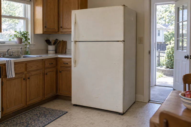 Old white two-door refrigerator in a modest kitchen An old white two-door refrigerator upright in a modest kitchen before preparation is reviewed