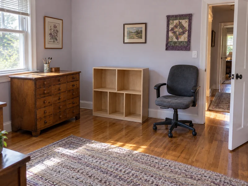 Craft cabinet, empty five-cubby bookcase and used office chair A low craft cabinet, empty five-cubby bookcase and used office chair in a spare hobby room