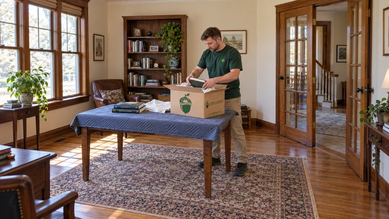 Study contents packed in manageable cartons A mover places a protected book into a compact book carton on a padded table in a study