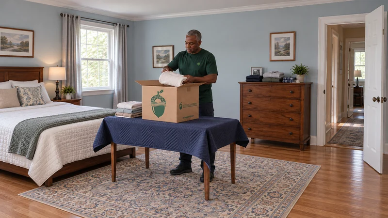 Most linen can be packed before the final night A mover packs folded linen into a medium carton while a separate overnight set remains on a dresser