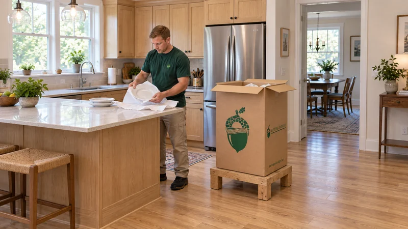 Priority dishes opened onto a designated flat counter A mover unwraps a white plate over a padded kitchen counter beside a tall china carton
