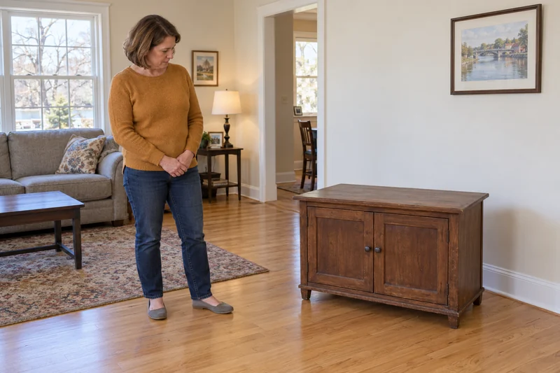 A resident reviewing an old television stand before an illustrative Stockton room update A resident reviewing an old television stand before an illustrative Stockton room update