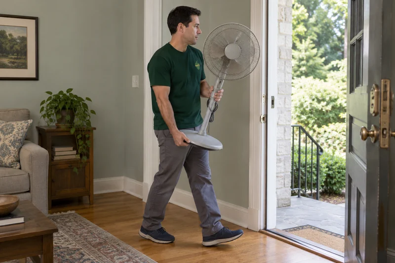 A company mover carrying an old unplugged pedestal fan toward a private Summit exit A company mover carrying an old unplugged pedestal fan toward a private Summit exit