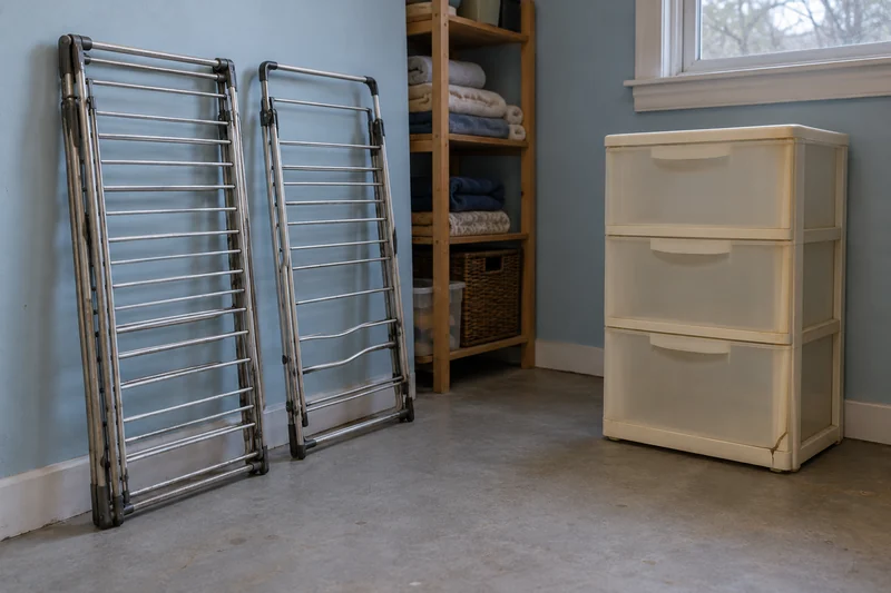 Old folded drying racks and a cracked plastic drawer tower reviewed before a Summit long-distance move Old folded drying racks and a cracked plastic drawer tower reviewed before a Summit long-distance move