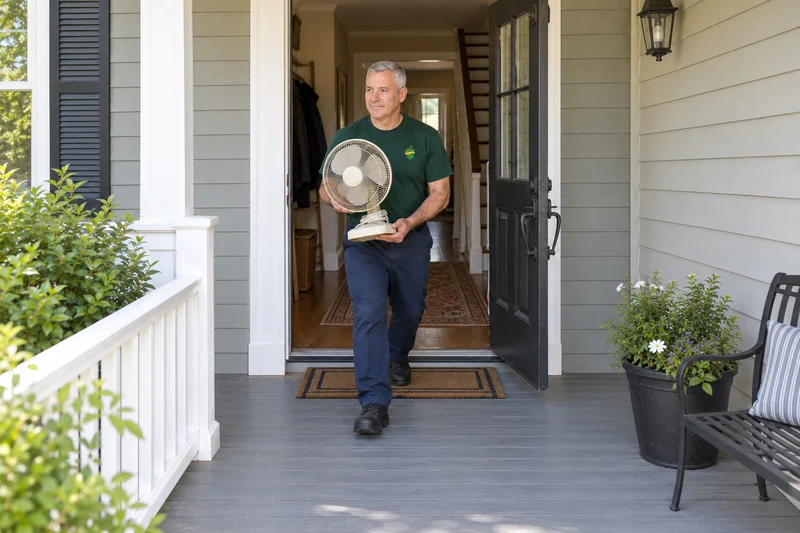 An adult company mover carrying an old unplugged table fan toward a private Sussex Borough exit An adult company mover carrying an old unplugged table fan toward a private Sussex Borough exit