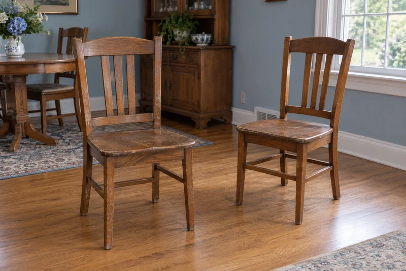 Two worn wooden dining chairs reviewed after an illustrative Sussex Borough household separation Two worn wooden dining chairs reviewed after an illustrative Sussex Borough household separation