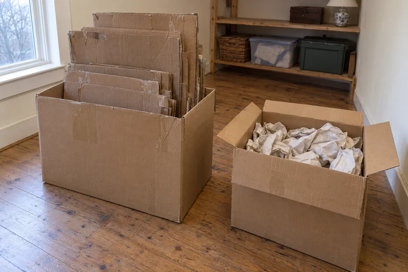 Used flattened cartons and packing paper staged for material review before an illustrative Sussex Borough interstate move Used flattened cartons and packing paper staged for material review before an illustrative Sussex Borough interstate move