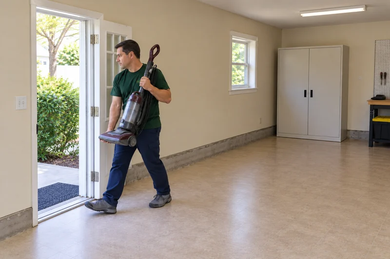An adult company mover carrying an old unplugged vacuum toward a private Toms River exit An adult company mover carrying an old unplugged vacuum toward a private Toms River exit