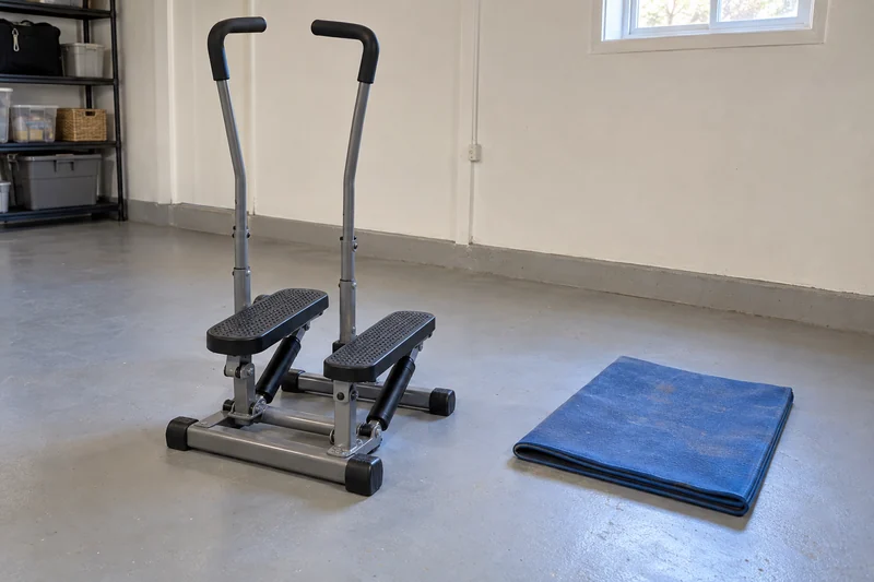 An old manual stepper and folded exercise mat reviewed in a private Toms River room before an interstate move An old manual stepper and folded exercise mat reviewed in a private Toms River room before an interstate move
