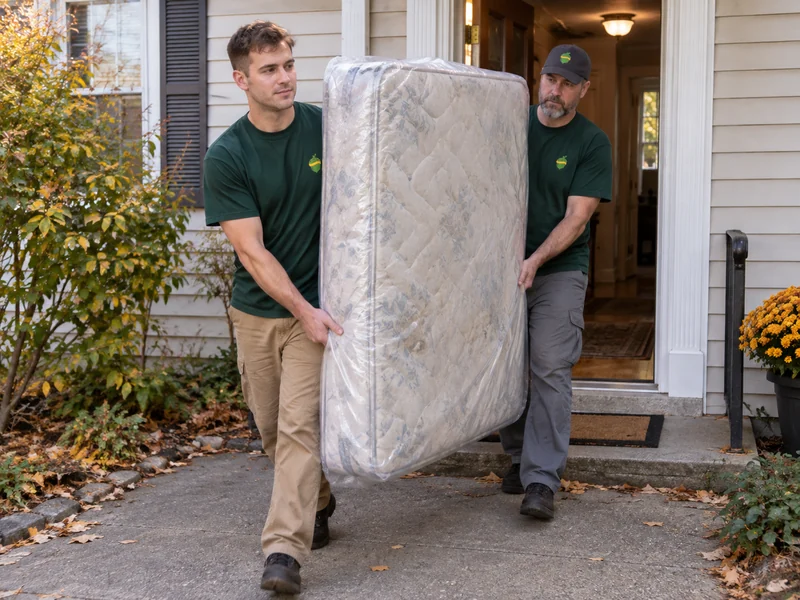 Two movers carrying a compact used mattress out of a house onto the exterior approach Two movers carrying a compact used mattress in a clear bag out of a house towards the exterior approach