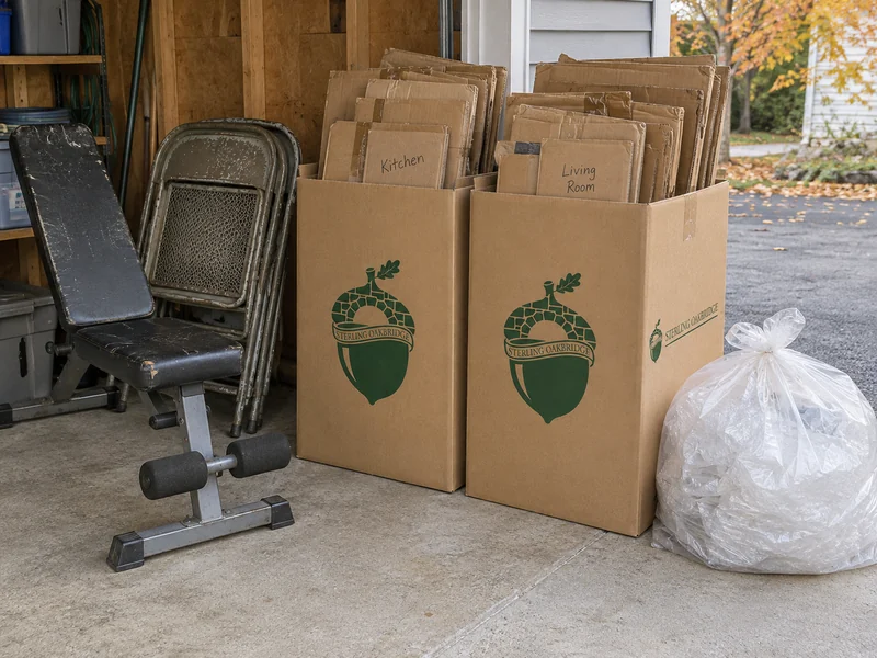 Worn exercise and patio equipment beside open used-carton collection boxes and a separate film bag Worn exercise and patio equipment beside open cartons of used flattened cardboard and a separate packing-film bag