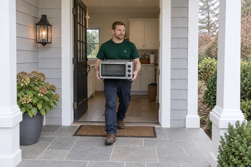 An adult company mover carrying an old unplugged countertop oven toward a private Westport exit An adult company mover carrying an old unplugged countertop oven toward a private Westport exit