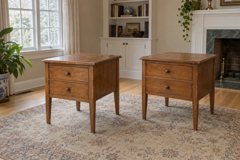 Two worn wooden side tables reviewed after recipient decisions in an illustrative Westport estate clearance Two worn wooden side tables reviewed after recipient decisions in an illustrative Westport estate clearance