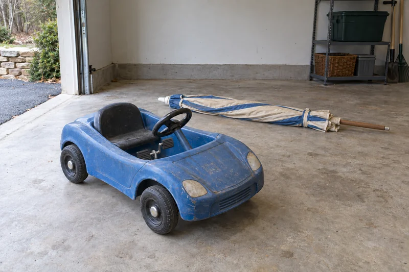 An old manual pedal car and folded beach umbrella reviewed in a private Westport garage before an interstate move An old manual pedal car and folded beach umbrella reviewed in a private Westport garage before an interstate move
