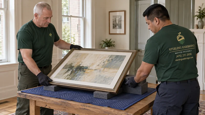 Two gloved male movers preparing a framed work on padded supports in a restored co-op Two gloved male movers preparing a framed work on padded supports in a restored co-op