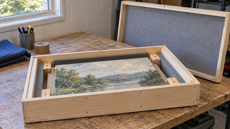 A small canvas supported by its structure inside a recessed protective transport box A small canvas supported by its structure inside a recessed protective transport box