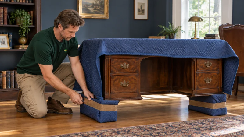 A valuable writing desk being protected from above and around its projecting feet A valuable writing desk being protected from above and around its projecting feet